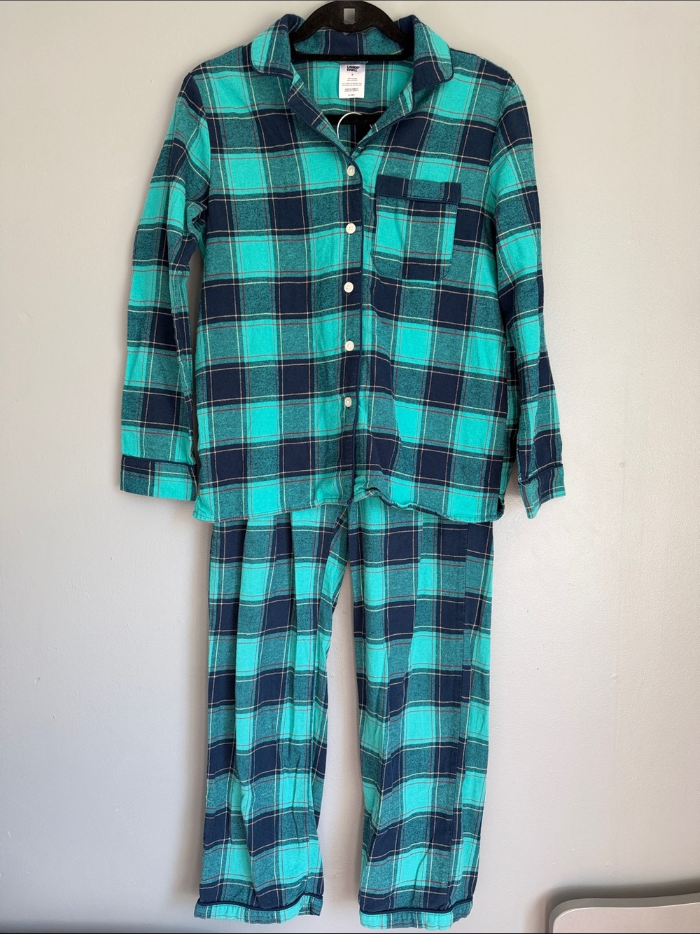 Lands' End Teal Navy Plaid Flannel Pajama Set Small Cozy Cotton Loungewear Small